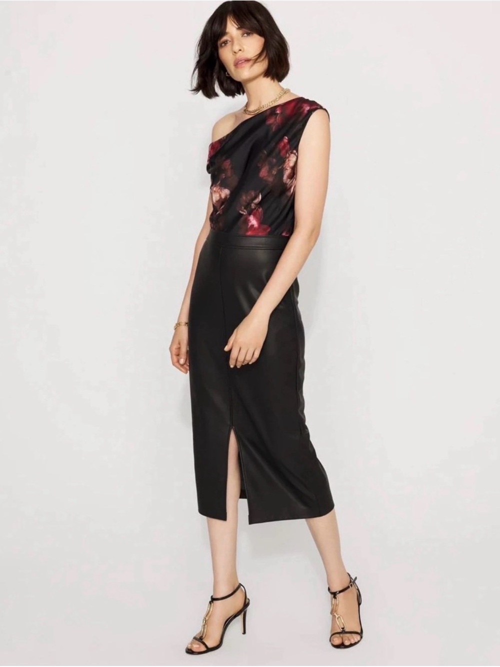 White House Black Market Faux Leather Midi Skirt with Floral Top